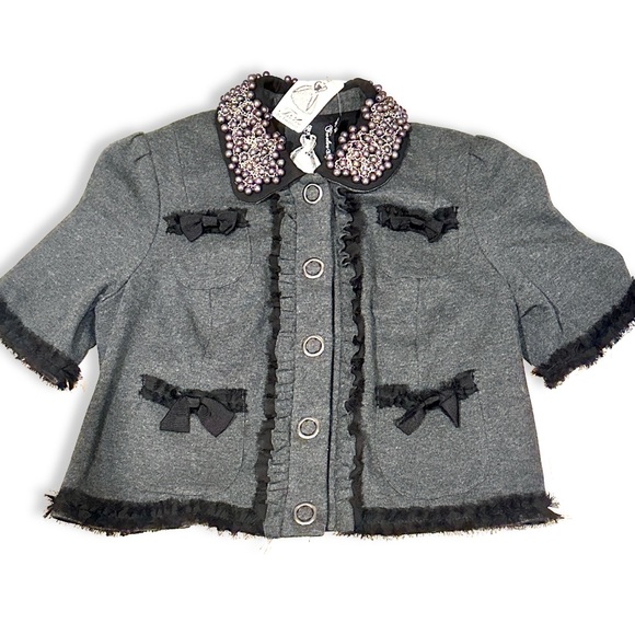 ANTHROPOLOGIE Twelve by Twelve Gray Pearl Embellished Jacket w Bows | NWT Small - Picture 8 of 9